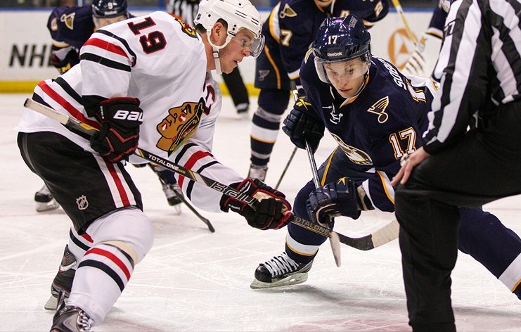 Jonathan Toews and Vladimir Sobotka dominate in the faceoff circle.