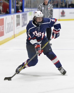 WHITBY, - Dec 18, 2015 -  Game #12 - Bronze Medal Game, Team Canada East vs. United States at the 2015 World Junior A Challenge at the Iroquois Park Recreation Complex, ON. Andrew Peeke #9 of Team United States shoots the puck during the third period. (Photo: Shawn Muir / OJHL Images)