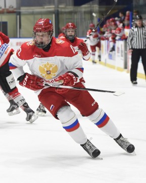 WHITBY, - Dec 15, 2015 -  WJAC Game 6- Team Russia vs Team Switzerland at the 2015 World Junior A Challenge at the Iroquois Park Recreation Complex, ON. Artem Ivanyuzhenkov #12 of Team Russia pursues the play during the first period. (Photo: Andy Corneau / OJHL Images)