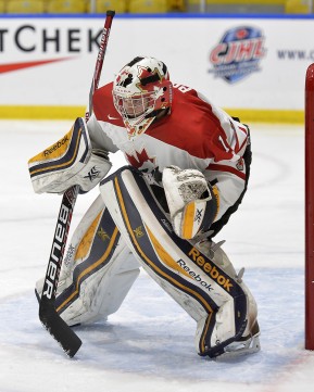 WHITBY, - Dec 18, 2015 -  Game #12 - Bronze Medal Game, Team Canada East vs. United States at the 2015 World Junior A Challenge at the Iroquois Park Recreation Complex, ON.  Colton Point #1 of Team Canada East looks for the puck during the first period. (Photo: Shawn Muir / OJHL Images)