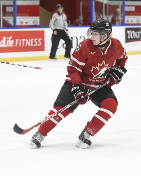 WHITBY, - Dec 13, 2015 -  WJAC Game 2- Team Switzerland vs Team Canada East at the 2015 World Junior A Challenge at the Iroquois Park Recreation Complex, ON. Derek Topatigh #6 of Team Canada East follows the play during the first period. (Photo: Andy Corneau / OJHL Images)