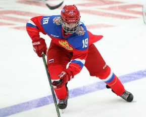 COBOURG, - Dec 19, 2015 -  Gold Metal Game - Russia vs Canada West at the 2015 World Junior A Challenge at the Cobourg Community Centre, ON. Kirill Slepets #19 of Team Russia skates with the puck during the first period.(Photo: Tim Bates / OJHL Images)