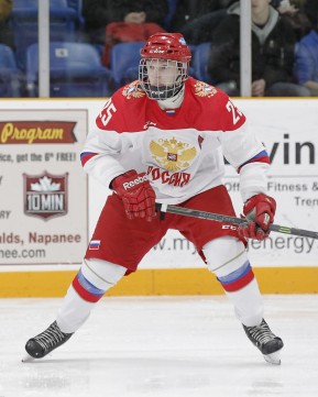 TRENTON, - Dec 10, 2015 -  Exhibition Game 3-  Russia vs Team Canada West at the 2015 World Junior A Challenge at the Duncan Memorial Gardens, ON. Mikhail Meshcheryakov #25 of Team Russia during the third period (Photo: Amy Deroche / OJHL Images)
