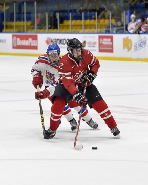 WHITBY, - Dec 16, 2015 -  Game #8 - Czech Republic vs. Canada East at the 2015 World Junior A Challenge at the Iroquois Park Recreation Complex, ON.  Owen Grant #2 of Team Canada East skates with the puck while being pursued by Tomas Havranek #20 of Team Czech Republic during the second period. (Photo: Shawn Muir / OJHL Images)