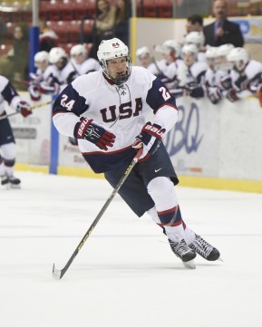 WELLINGTON, - Dec 11, 2015 -  Exhibition Game 2- Team USA vs Team Canada East at the 2015 World Junior A Challenge at the Wellington District Community Centre, ON. William Knierem #24 of Team United States skates up the ice during the third period. (Photo: Andy Corneau / OJHL Images)