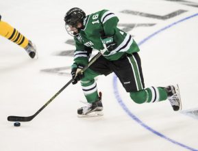 April 09, 2016: Brock Boeser (16) of North Dakota rushes through the neutral zone during the 2016 NCAA Frozen Four championship game between North Dakota and Quinnipiac at Amalie Arena in Tampa, FL. (Photograph by Roy K. Miller/Icon Sportswire)
