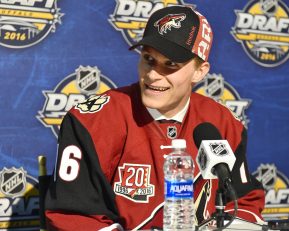 Jacob Chychrun of the Sarnia Sting was selected by the Arizona Coyotes in the first round of the 2016 NHL Entry Draft in Buffalo, NY on Friday June 24, 2016. Photo by Aaron Bell/CHL Images