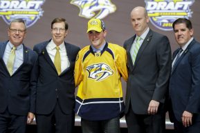 June 24, 2016: Dante Fabbro poses with Nashville Predators management and coaches after he was selected as the 17th pick in the first round of the 2016 NHL Entry Draft at First Niagara Center in Buffalo, NY (Photo by John Crouch/Icon Sportswire.)