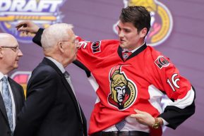 June 24, 2016: Logan Brown is congratulated by Ottawa Senators management and coaches after he was selected as the 11th pick in the first round of the 2016 NHL Entry Draft at First Niagara Center in Buffalo, NY (Photo by John Crouch/Icon Sportswire.)