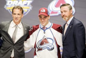 June 24, 2016: Tyson Jost poses Joe Sakic and Patrick Roy after he was selected by the Colorado Avalanche as the 10th pick in the first round of the 2016 NHL Entry Draft at First Niagara Center in Buffalo, NY (Photo by John Crouch/Icon Sportswire.)