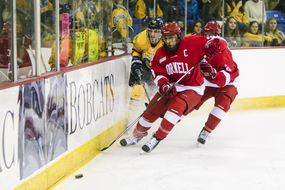 February 5, 2016: Cornell Big Red defenseman Reece Willcox (3) and Quinnipiac Bobcats forward Tanner MacMaster (19) skate towards the puck during the Cornell University and Quinnipiac University NCAA Men's ice hockey game at High Point Arena in Hamden, CT (Photo by John Crouch/Icon Sportswire.)