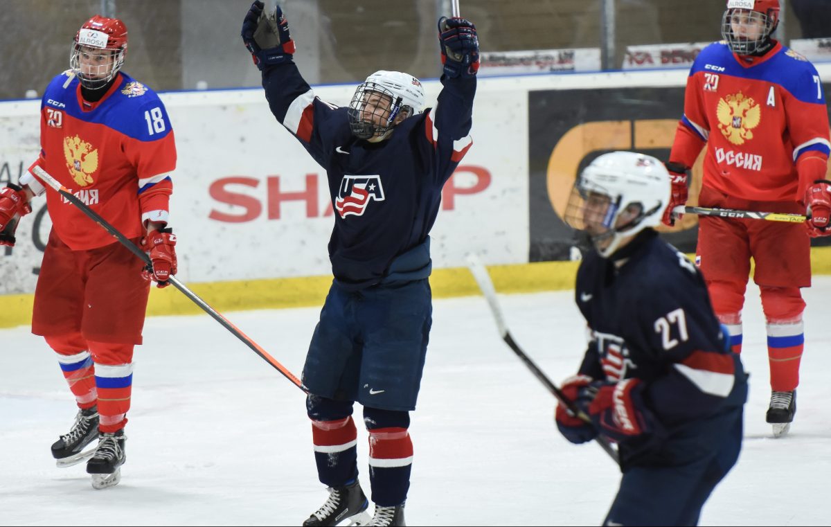 Josh Norris scores in overtime versus Russia in the U18 Five Nations tournament. Photo courtesy of USNTDP Madeléne Grahn, Pucksnack.com