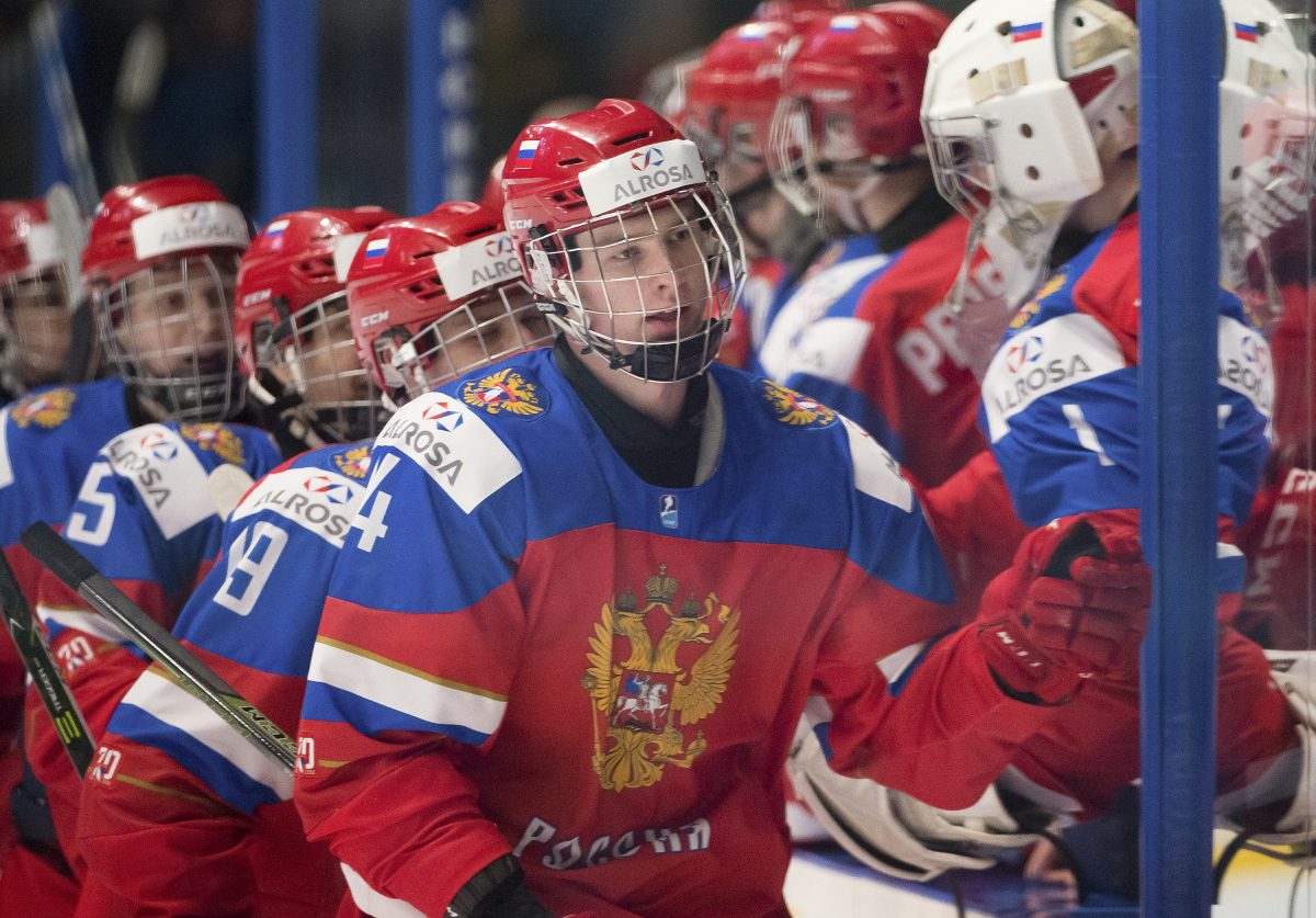 SPISSKA NOVA VES, SLOVAKIA - APRIL 13: Russia's Andrei Svechnikov #14 celebrates at the bench with teammates after a third period goal against Sweden during preliminary round action at the 2017 IIHF Ice Hockey U18 World Championship. (Photo by Steve Kingsman/HHOF-IIHF Images)