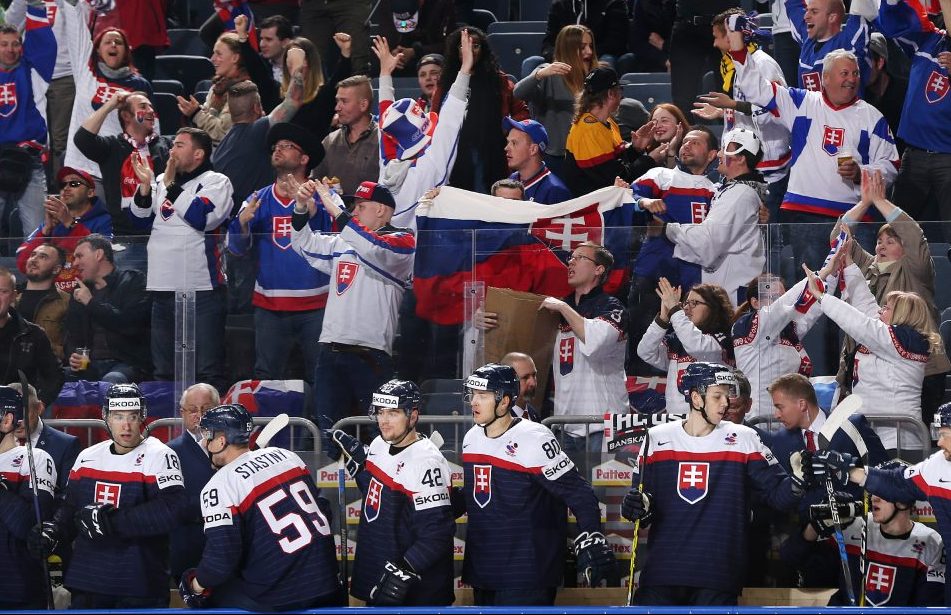 COLOGNE, GERMANY - MAY 9: Slovakian bench and fans celebrate after a third period goal against Denmark during preliminary round action at the 2017 IIHF Ice Hockey World Championship. (Photo by Andre Ringuette/HHOF-IIHF Images)