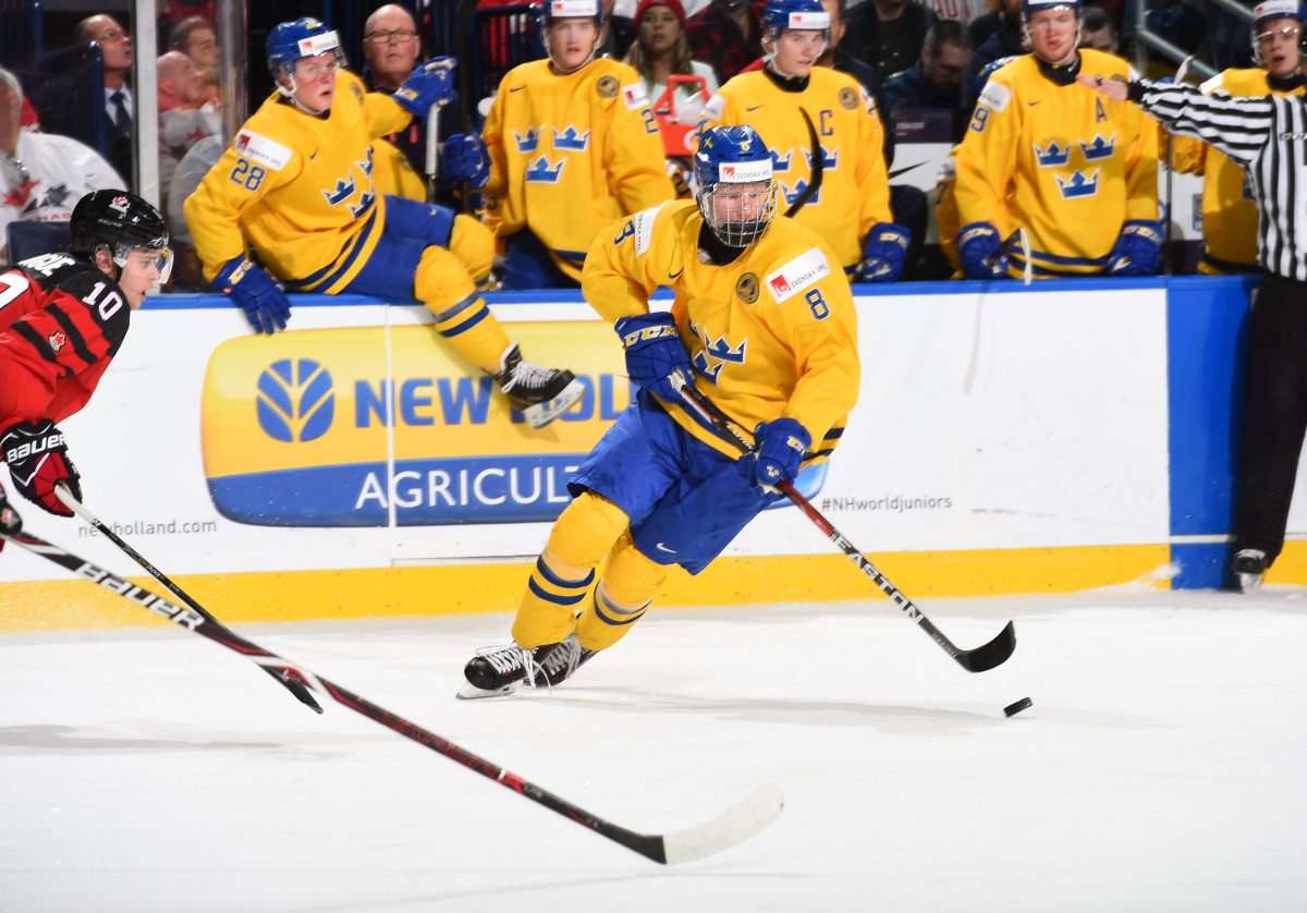 BUFFALO, NEW YORK - JANUARY 5: Canada against Sweden during the gold medal game of the 2018 IIHF World Junior Championship. (Photo by Andrea Cardin/HHOF-IIHF Images)