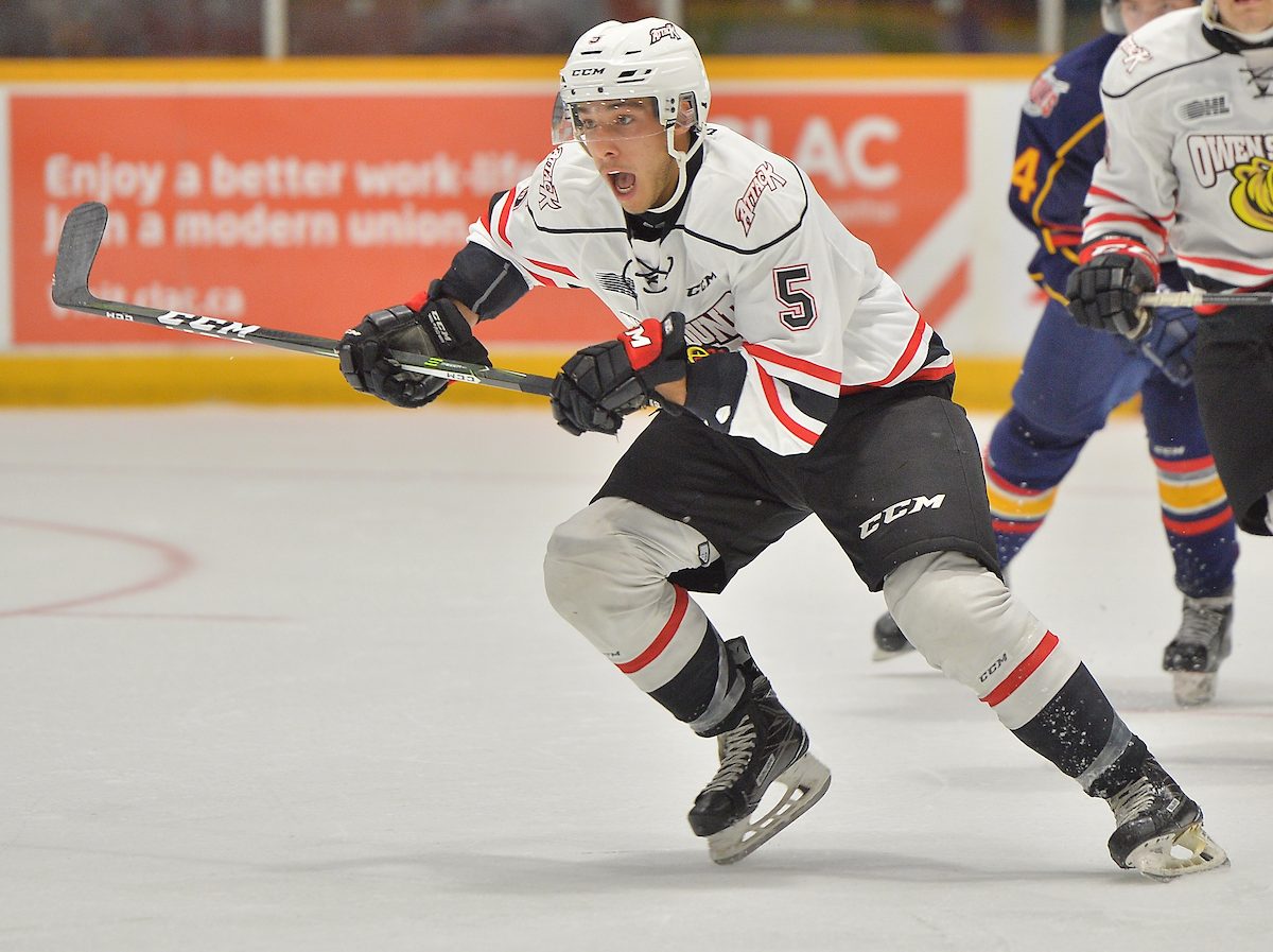 Sean Durzi of the Owen Sound Attack. Photo by Terry Wilson / OHL Images.