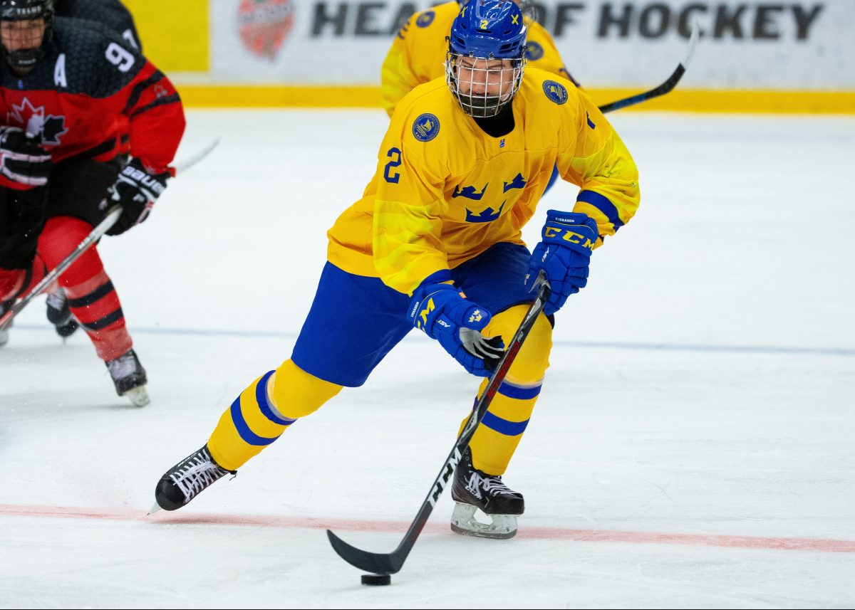 190427 Albert Lyckåsen of Sweden during the ice hockey semi final game in The IIHF U18 World Championship between Canada and Sweden on April 27 in Örnsköldsvik. Photo: Johan Löf / BILDBYRÅN / COP 230