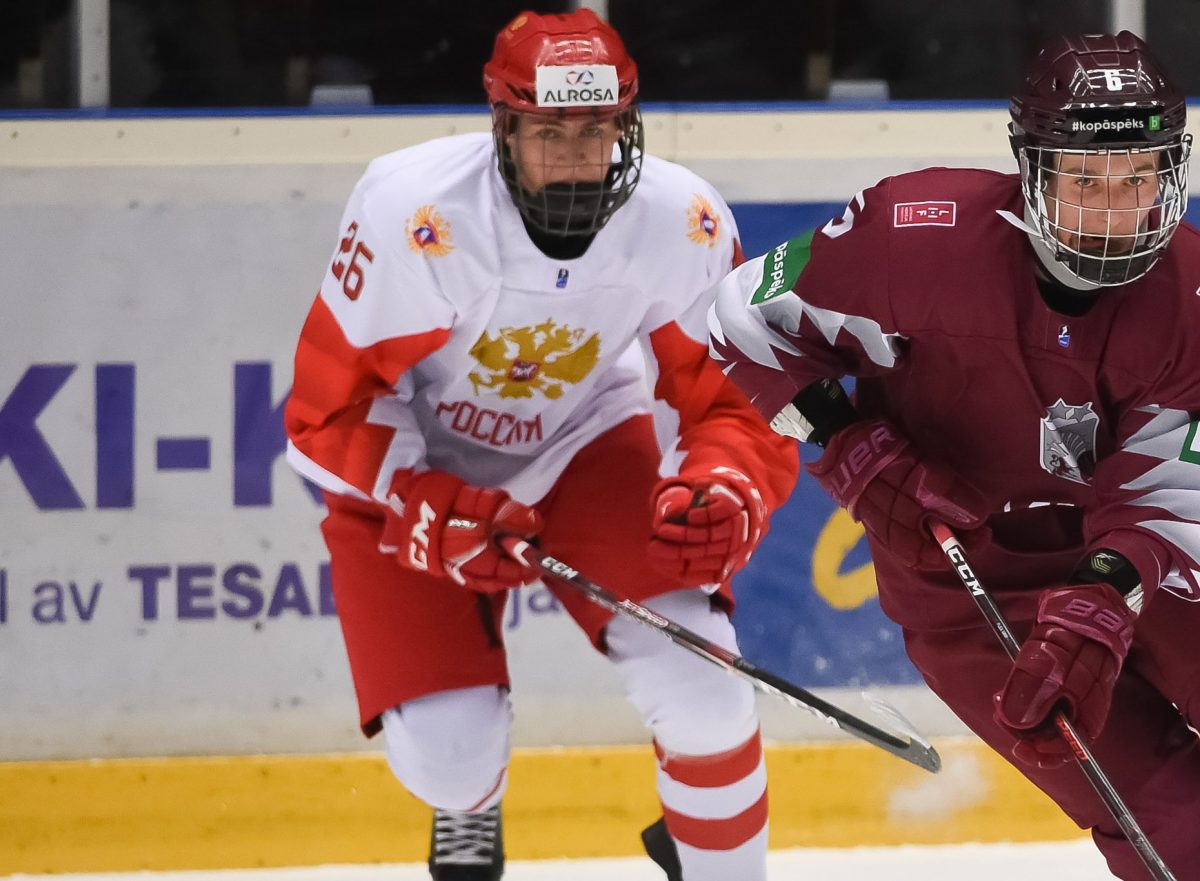 ORNSKOLDSVIK, SWEDEN - APRIL 20: Russia's Yegor Chinakhov #26 during preliminary round action at the 2019 IIHF Ice Hockey U18 World Championship at Fjallraven Center on April 20, 2019 in Ornskoldsvik, Sweden. (Photo by Steve Kingsman/HHOF-IIHF Images)