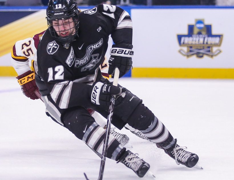 BUFFALO, NY - APRIL 11: Providence Friars Forward Jack Dugan (12) skates up ice during the NCAA Frozen Four men's hockey game between Providence Friars and Minnesota Duluth Bulldogs on April 11, 2019 at KeyBank Center in Buffalo, NY. (Photo by Jerome Davis/Icon Sportswire)