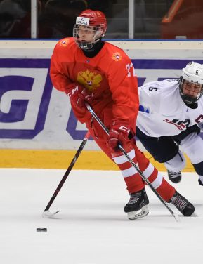 ORNSKOLDSVIK, SWEDEN - APRIL 27: Russias Rodion Amirov #27 semifinal round action at the 2019 IIHF Ice Hockey U18 World Championship at Fjallraven Center on April 27, 2019 in Ornskoldsvik, Sweden. (Photo by Steve Kingsman/HHOF-IIHF Images)