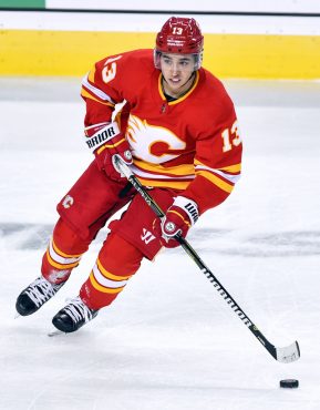 CALGARY, AB - APRIL 06: Calgary Flames Left Wing Johnny Gaudreau (13) skates with the puck during the third period of an NHL game where the Calgary Flames hosted the Edmonton Oilers on April 6, 2019, at the Scotiabank Saddledome in Calgary, AB. (Photo by Brett Holmes/Icon Sportswire)