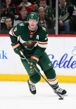 MINNEAPOLIS, MN - FEBRUARY 25: Minnesota Wild Defenceman Ryan Suter (20) skates with the puck during a NHL game between the Minnesota Wild and San Jose Sharks on February 25, 2018 at Xcel Energy Center in St. Paul, MN. The Wild defeated the Sharks 3-2 in overtime.(Photo by Nick Wosika/Icon Sportswire)