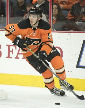 December 5, 2015:Philadelphia Flyers Defenceman Shayne Gostisbehere (53) moves the puck out of the Flyers zone in the first period during the game between the Columbus Blue Jackets and the Philadelphia Flyers at the Wells Fargo Center in Philadelphia, PA.  (Photo by Kyle Ross/Icon Sportswire)