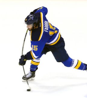 23 MAY 2016: St. Louis Blues center Robby Fabbri (15) takes a shot and scores against the San Jose Sharks during game 5 of the Western Conference Final of the 2016 Stanley Cup Playoffs at Scottrade Center. (Photo by Jimmy Simmons/Icon Sportswire)