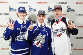 David Levin (middle), Gabe Vilardi (right) and Owen Tippett (left) were three of the top four picks in the 2015 OHL Priority Selection presented by State Farm on Saturday April 11, 2015. (Photo by Aaron Bell/OHL Images)