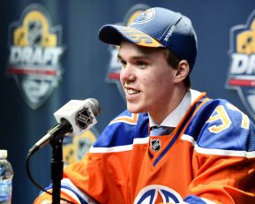 Connor McDavid of the Erie Otters was the first overall pick of the Edmonton Oilers at the 2015 NHL Draft in Sunrise, Florida on Friday June 26, 2015. Photo by Aaron Bell/CHL Images