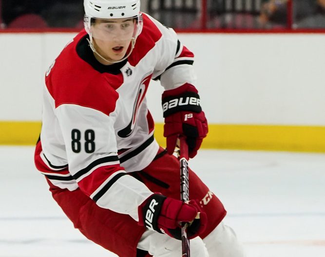 RALEIGH, NC - JUNE 30: Carolina Hurricanes Martin Necas (88) skates with the puck during the Canes Prospect Game at the PNC Arena in Raleigh, NC on June 30, 2018. (Photo by Greg Thompson/Icon Sportswire)