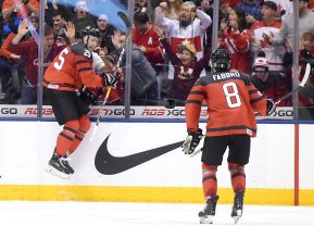 TORONTO, ON - DECEMBER 26:  Canada forward Nicolas Roy (25) jumps in celebration as forward Dante Fabbro (8) joins him after scoring against Russia in the second period during the World junior Hockey Championships (Photo by Dan Hamilton/Icon Sportswire)