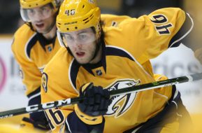 NASHVILLE, TN - JANUARY 12: Nashville Predators right wing Pontus Aberg (46) is shown during the NHL game between the Nashville Predators and the Boston Bruins, held on January 12, 2017, at Bridgestone Arena in Nashville, Tennessee. (Photo by Danny Murphy/Icon Sportswire)