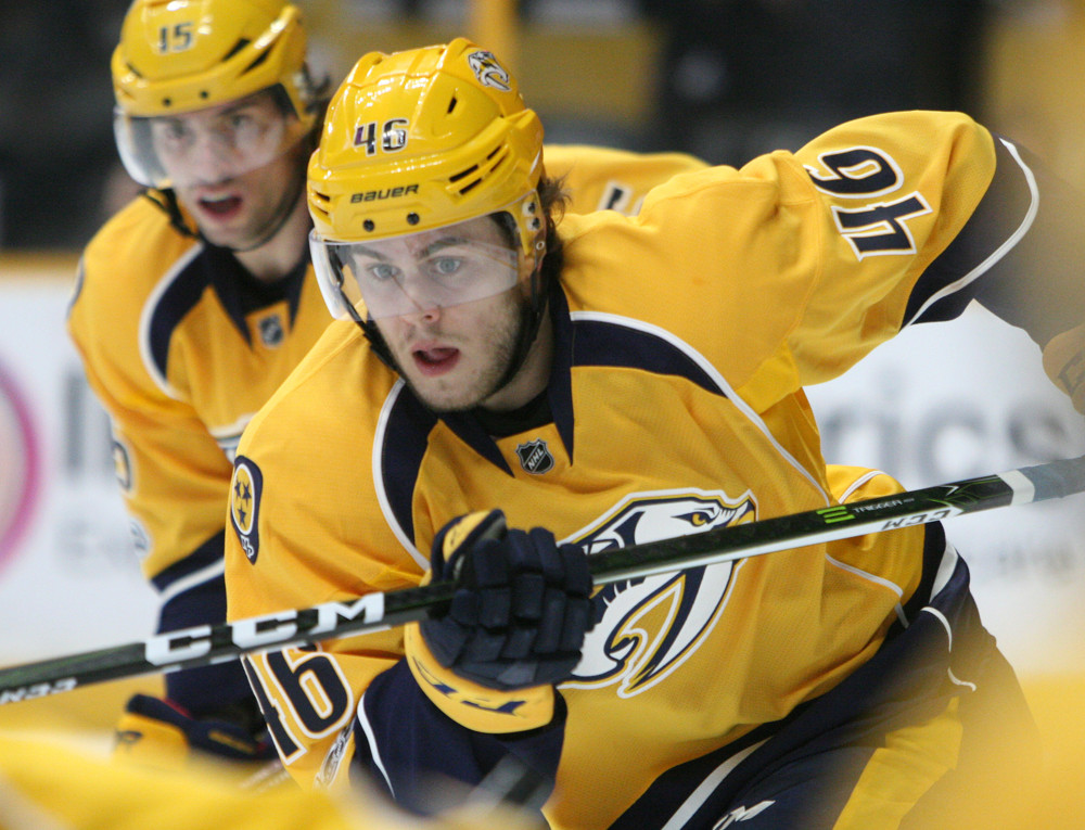 NASHVILLE, TN - JANUARY 12: Nashville Predators right wing Pontus Aberg (46) is shown during the NHL game between the Nashville Predators and the Boston Bruins, held on January 12, 2017, at Bridgestone Arena in Nashville, Tennessee. (Photo by Danny Murphy/Icon Sportswire)