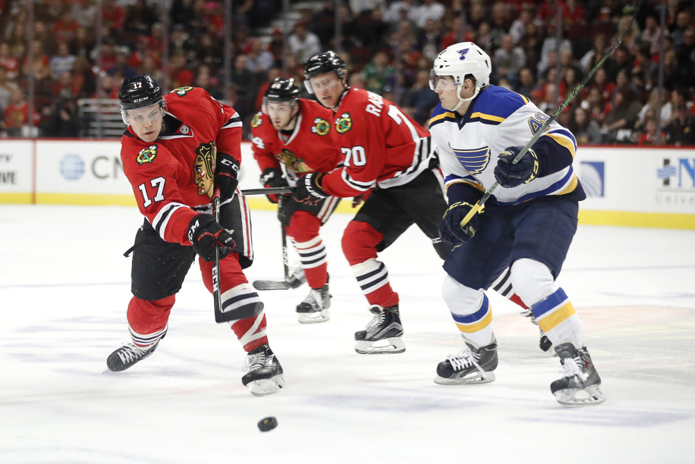 01 October 2016: Chicago Blackhawks defenseman Ville Pokka (17) in action during the first period of a preseason game between the Chicago Blackhawks and the St. Louis Blues at the United Center, in Chicago, IL. (Photo by Robin Alam/Icon Sportswire)