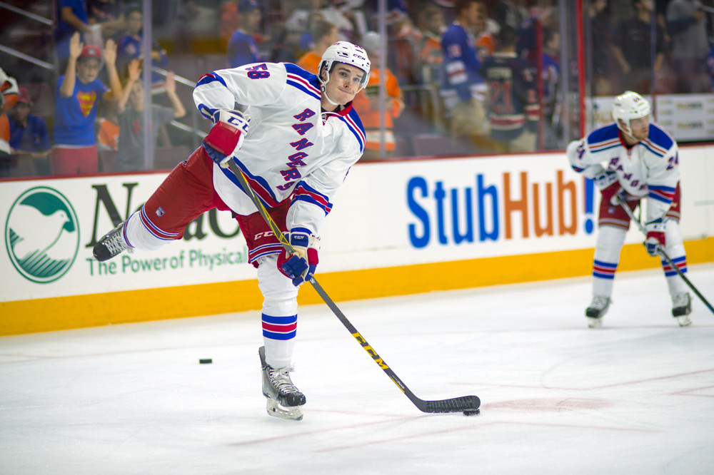 22 September 2015: New York Rangers defenseman Ryan Graves (58) warms up before an NHL preseason game 