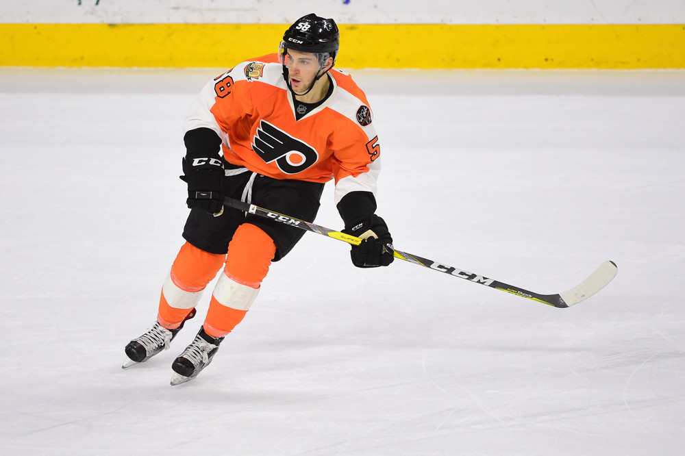 PHILADELPHIA, PA - DECEMBER 06: Philadelphia Flyers Winger Taylor Leier (58) looks for a pass December 06, 2016, (Photo by Andy Lewis/Icon Sportswire)