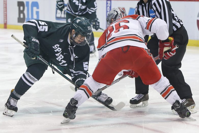 DETROIT, MI - MARCH 16: Michigan State Spartans forward Patrick Khodorenko (55) and Ohio State Buckeyes forward Mason Jobst (26)- Big 10 Men's Ice Hockey Tournament quarterfinal game between Michigan State and Ohio State on March 16, 2017 (Photo by Scott W. Grau/Icon Sportswire)