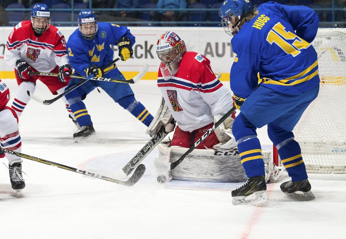 SPISSKA NOVA VES, SLOVAKIA - APRIL 15: Sweden's Rickard Hugg #15 with a scoring chance against the Czech Republic's Jakub Skarek #1 while Filip Kral #11 defends and Filip Zadina #19 battles with Filip Westerlund #2 during preliminary round action at the 2017 IIHF Ice Hockey U18 World Championship. (Photo by Steve Kingsman/HHOF-IIHF Images)