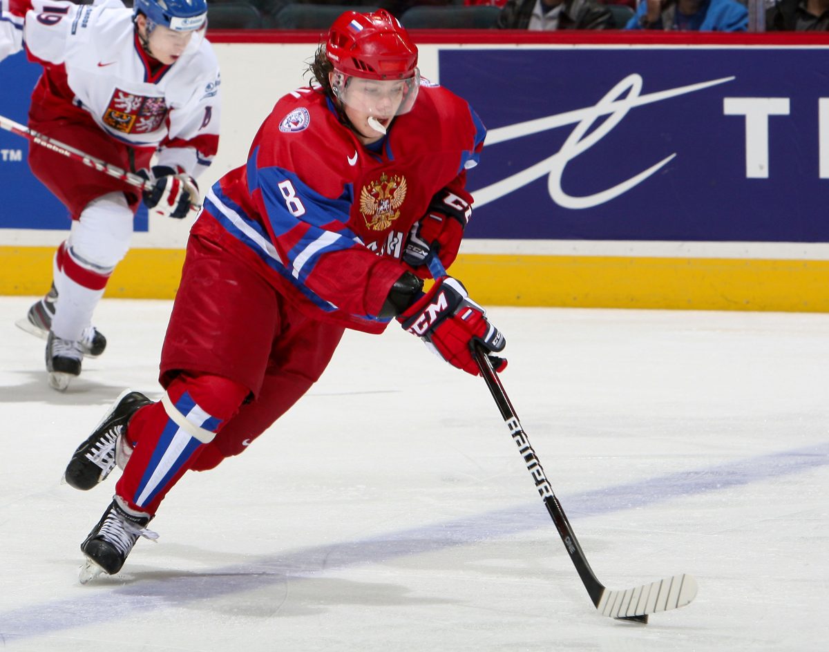 CALGARY, CANADA - JAN 2: Nikita Gusev #8 during quarter final round action at the 2012 IIHF World U20 Championship. (Photo by Francois Laplante/HHOF-IIHF Images)