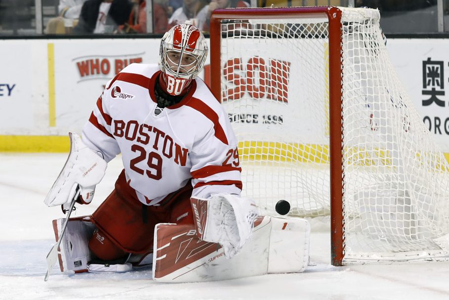 BOSTON, MA - MARCH 17: The puck beats Boston University Terriers goaltender Jake Oettinger (29) for the Eagles first goal of the game during a Hockey East semifinal between the Boston University Terriers and the Boston College Eagles on March 17, 2017 at TD Garden in Boston, Massachusetts. The Eagles defeated the Terriers 3-2. (Photo by Fred Kfoury III/Icon Sportswire)