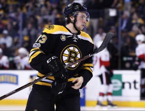 BOSTON, MA - APRIL 17: Boston Bruins right defenseman Charlie McAvoy (73) skates out for the start of the second period during Game 3 of a first round NHL playoff game between the Boston Bruins and the Ottawa Senators on April 17, 2017, at TD Garden in Boston, Massachusetts. The Senators defeated the Bruins 4-3 (OT). (Photo by Fred Kfoury III/Icon Sportswire)