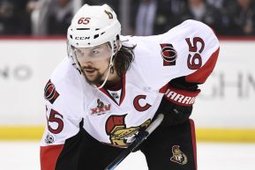 PITTSBURGH, PA - MAY 25: Ottawa Senators defenseman Erik Karlsson (65) looks on during the second period. The Pittsburgh Penguins won Game Seven of the Eastern Conference Final 3-2 in double overtime during the 2017 NHL Stanley Cup Playoffs against the Ottawa Senators on May 25, 2017, at PPG Paints Arena in Pittsburgh, PA. The Pittsburgh Penguins won the best-of-seven series 4-3 and advance to the Stanley Cup Finals.(Photo by Jeanine Leech/Icon Sportswire)