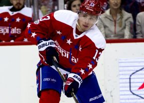 WASHINGTON, DC - MARCH 16: Washington Capitals left wing Jakub Vrana (13) makes a pass during an NHL game on March 16, 2017, at the Verizon Center, in Washington, D.C. between the Washington Capitals and the Nashville Predators. Nashville won 2-1 in overtime. (Photo by Tony Quinn/Icon Sportswire)