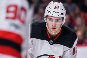 MONTREAL, QC - SEPTEMBER 21: New Jersey Devils center Nico Hischier (13) waits for play to begin during the third period of the NHL preseason game between the New Jersey Devils and the Montreal Canadiens on September 21, 2017, at the Bell Centre in Montreal, QC (Photo by Vincent Ethier/Icon Sportswire)