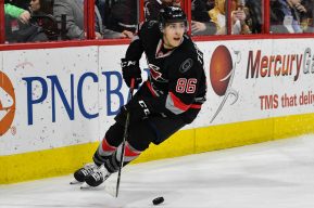 RALEIGH, NC - FEBRUARY 19: Carolina Hurricanes Center Teuvo Teravainen (86) skates with the puck in a game between the Toronto Maple Leafs and the Carolina Hurricanes on February 19, 2017 at the PNC Arena in Raleigh, NC. Toronto defeated Carolina 4 - 0. (Photo by Greg Thompson/Icon Sportswire)