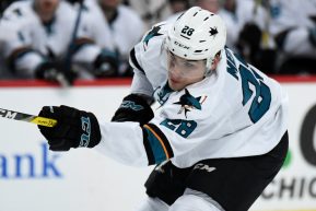 CHICAGO, IL - DECEMBER 18: San Jose Sharks right wing Timo Meier (28) attempts a shot on goal in the second period during a game between the San Jose Sharks and the Chicago Blackhawks on December 18, 2016, at the United Center in Chicago, IL. (Photo by Patrick Gorski/Icon Sportswire)