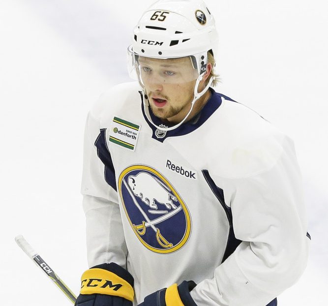 BUFFALO, NY - JULY 11: Buffalo Sabres Center Rasmus Asplund (65) skates to bench during the French Connection Tournament at the Buffalo Sabres Development Camp on July 11, 2017, at HarborCenter in Buffalo, NY. (Photo by John Crouch/Icon Sportswire)
