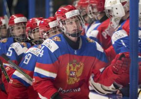 SPISSKA NOVA VES, SLOVAKIA - APRIL 13: Russia's Andrei Svechnikov #14 celebrates at the bench with teammates after a third period goal against Sweden during preliminary round action at the 2017 IIHF Ice Hockey U18 World Championship. (Photo by Steve Kingsman/HHOF-IIHF Images)
