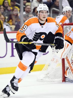 PITTSBURGH, PA - NOVEMBER 27: Philadelphia Flyers Center Nolan Patrick (19) skates during the second period in the NHL game between the Pittsburgh Penguins and the Philadelphia Flyers on November 27, 2017, at PPG Paints Arena in Pittsburgh, PA. (Photo by Jeanine Leech/Icon Sportswire)